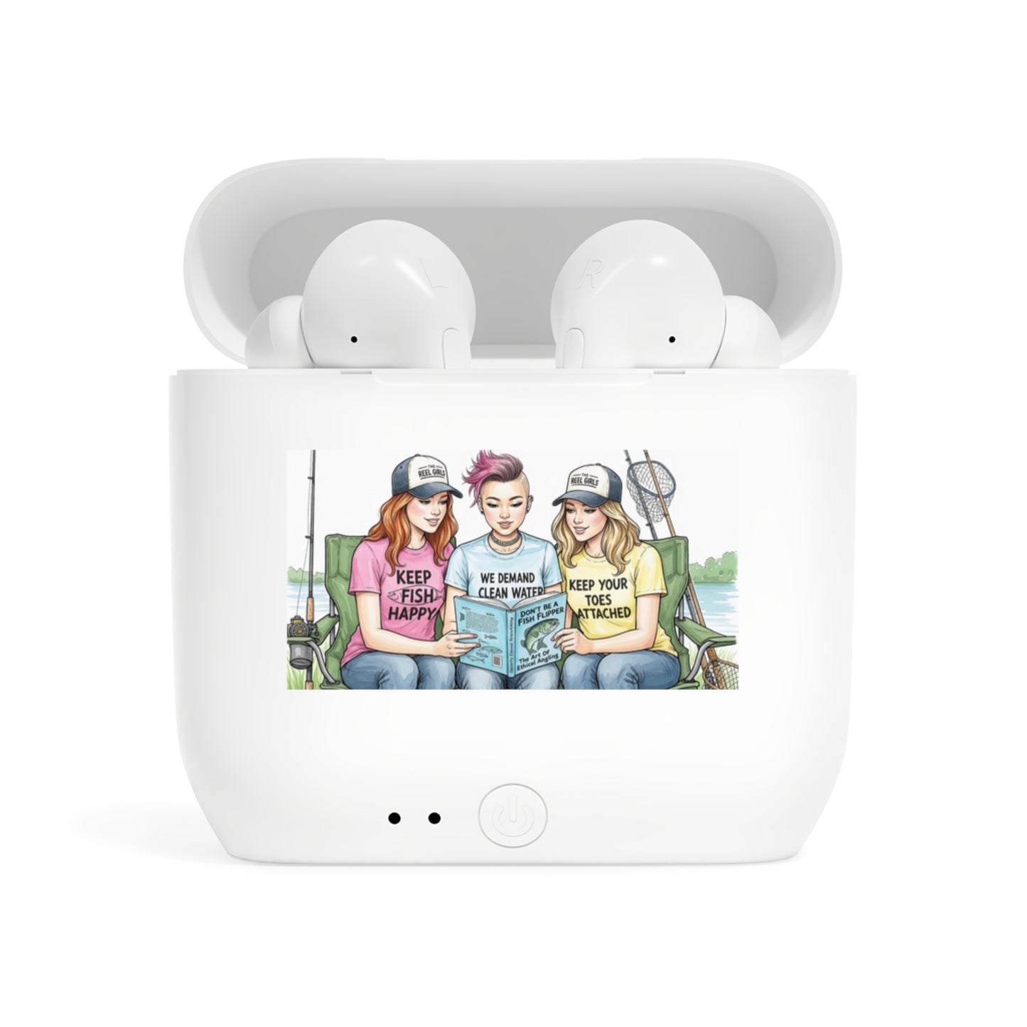 White wireless earbuds case with illustration of three people on a lake, on a white background