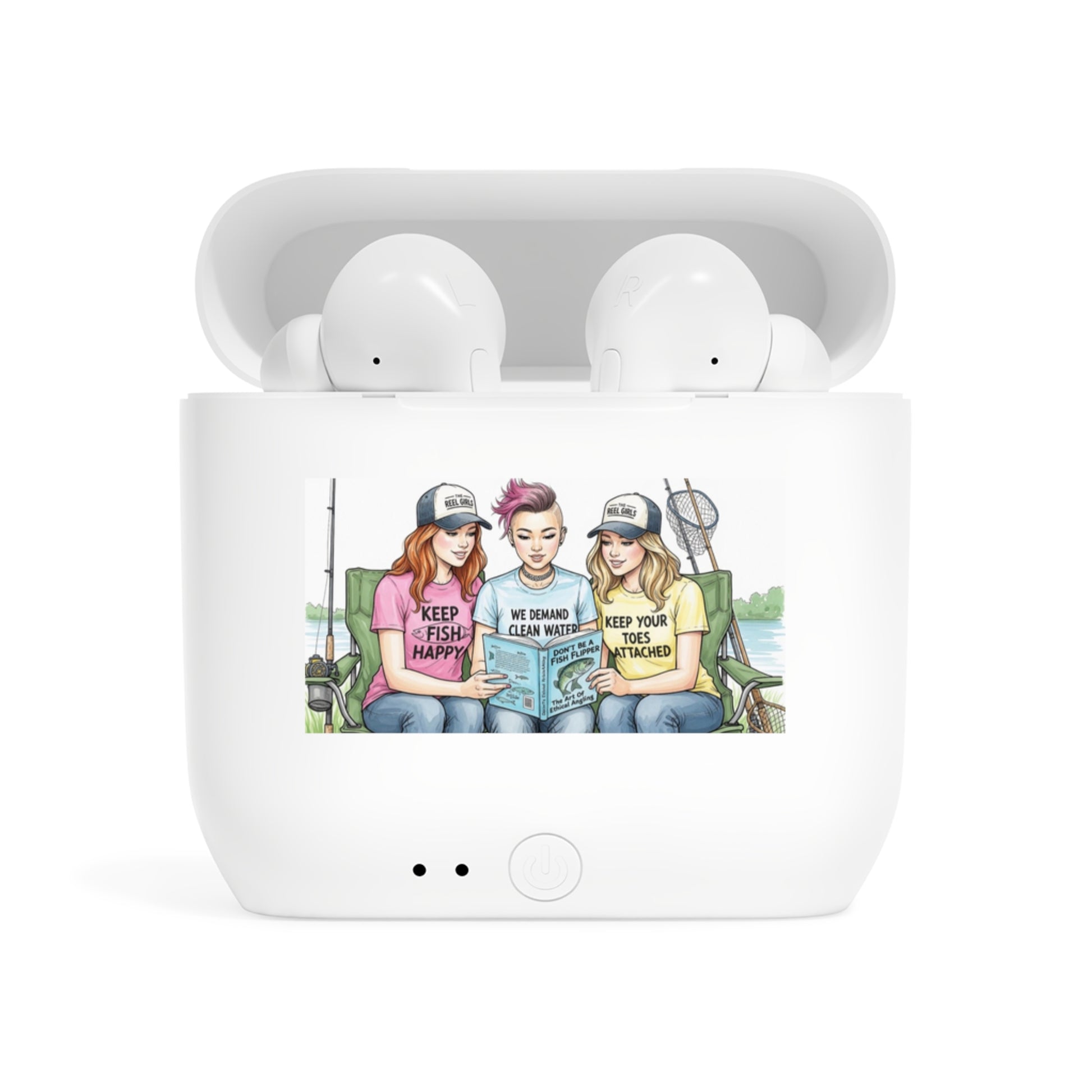 White wireless earbuds case with illustration of three people on a lake, on a white background