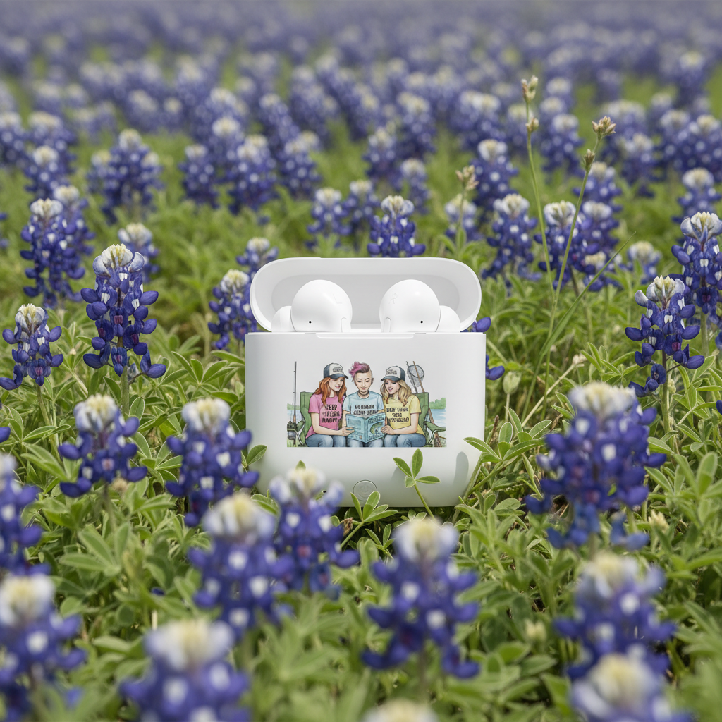 White wireless earbuds case with a design of three people sitting together on a lake resting in a field of bluebonnets