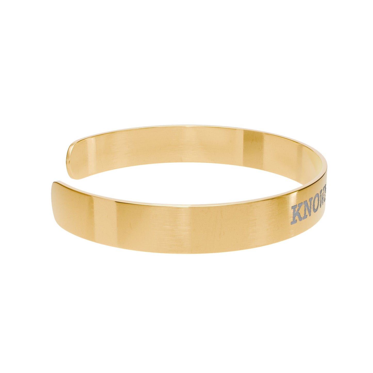Gold bracelet with 'KNOW' engraving on a white background