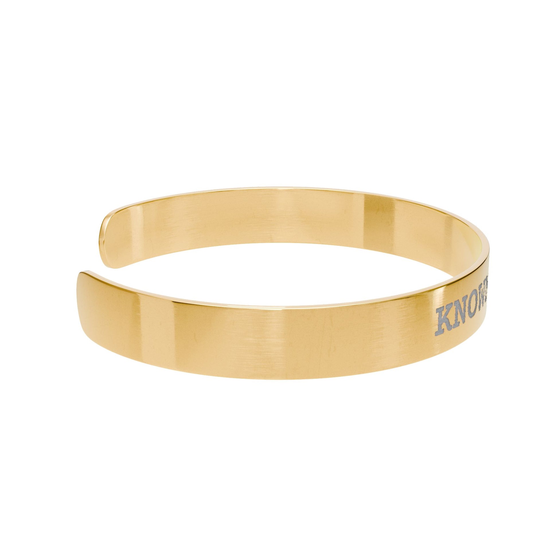 Gold bracelet with 'KNOW' engraving on a white background