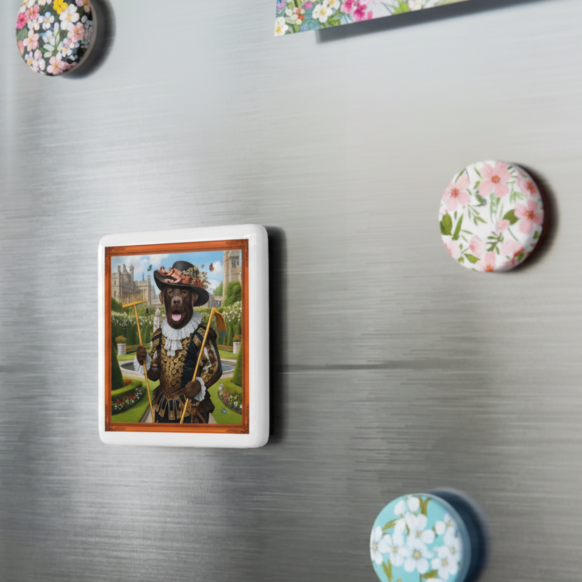 Sir Hank of the Kingdom of Barkshire refrigerator magnet on a door.