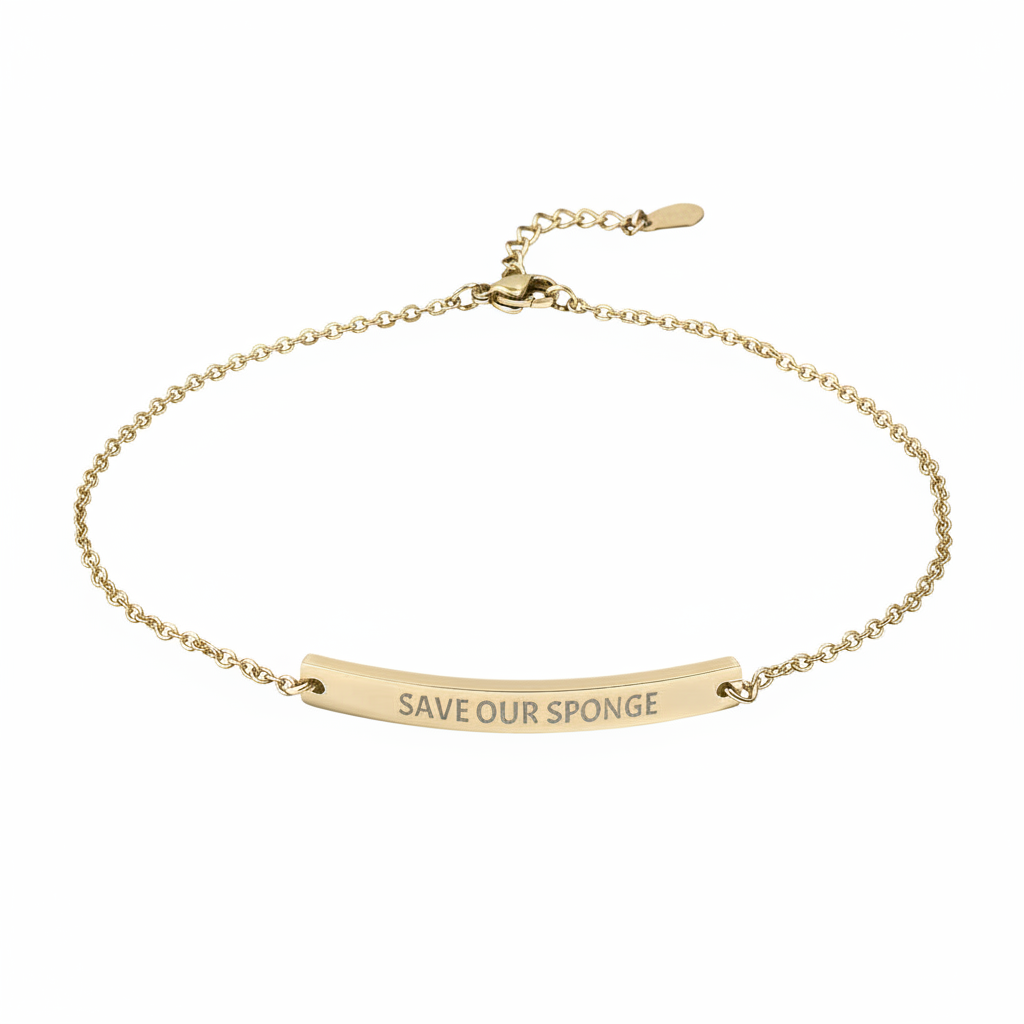 Gold bracelet with 'SAVE OUR SPONGE' engraving on a white background