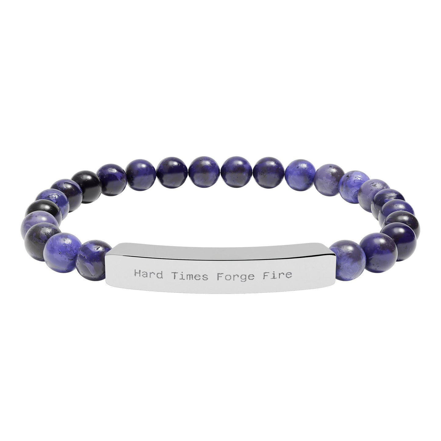 Bracelet with purple and black beads and a silver tag on a white background