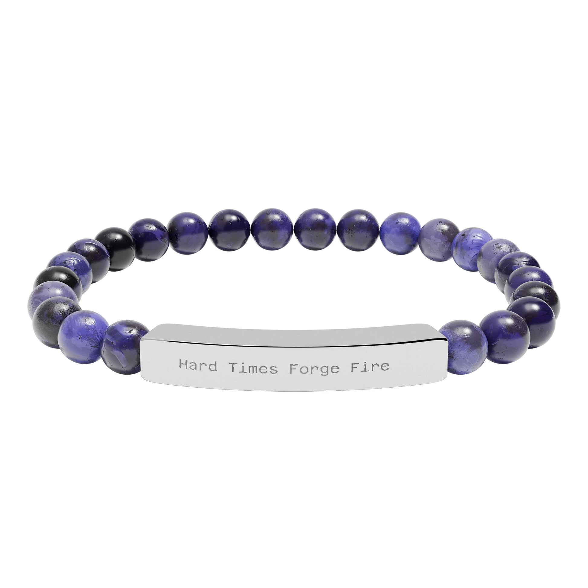 Bracelet with purple and black beads and a silver tag on a white background