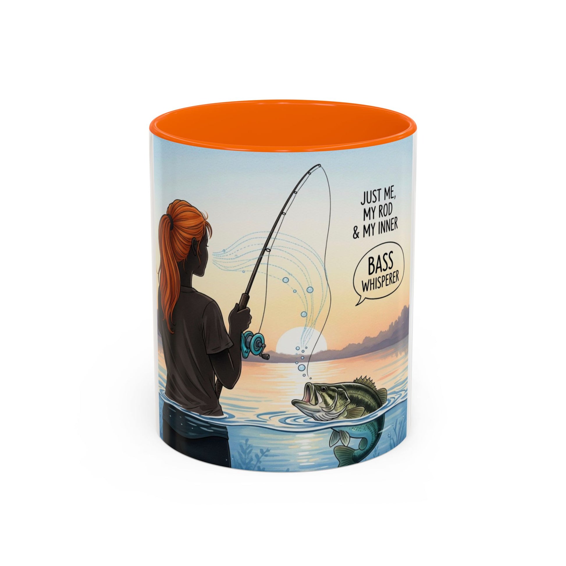 Ceramic mug with a fishing-themed design featuring a person, rod, and fish, on a white background.