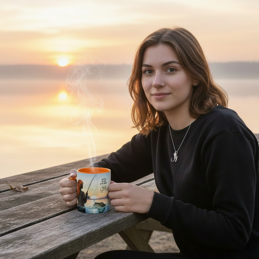 Person holding a mug with a scenic design at sunset