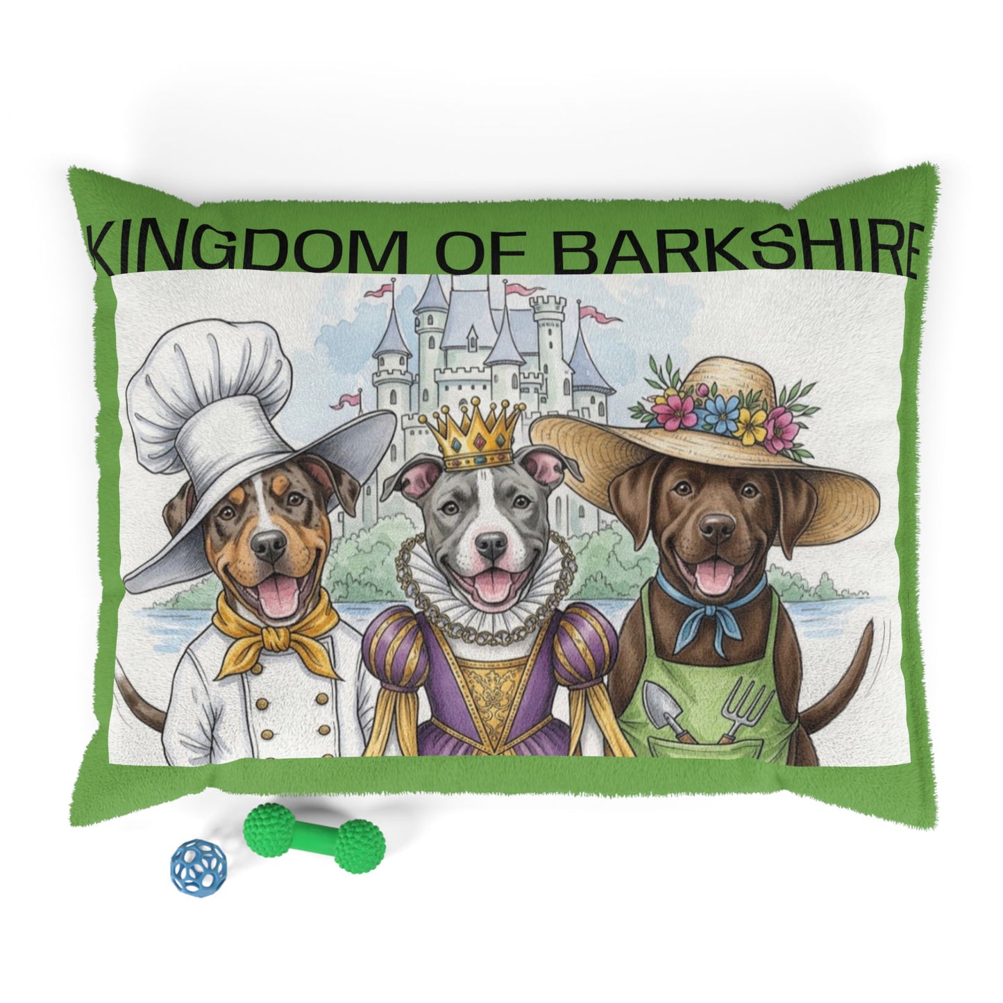 Decorative dog pillow bed with Kingdom of Barkshire characters on it.