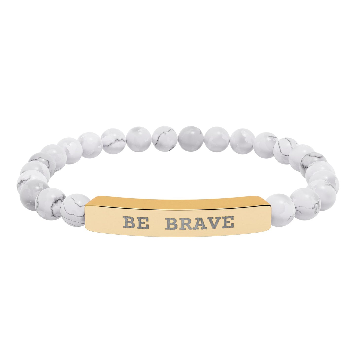Natural Stone beaded stretch bracelet  and gold bar engraved 'BE BRAVE'  on a white background