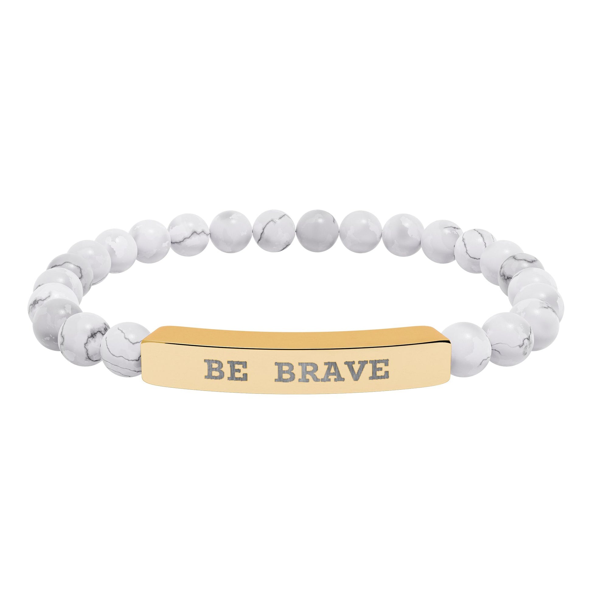 Natural Stone beaded stretch bracelet  and gold bar engraved 'BE BRAVE'  on a white background