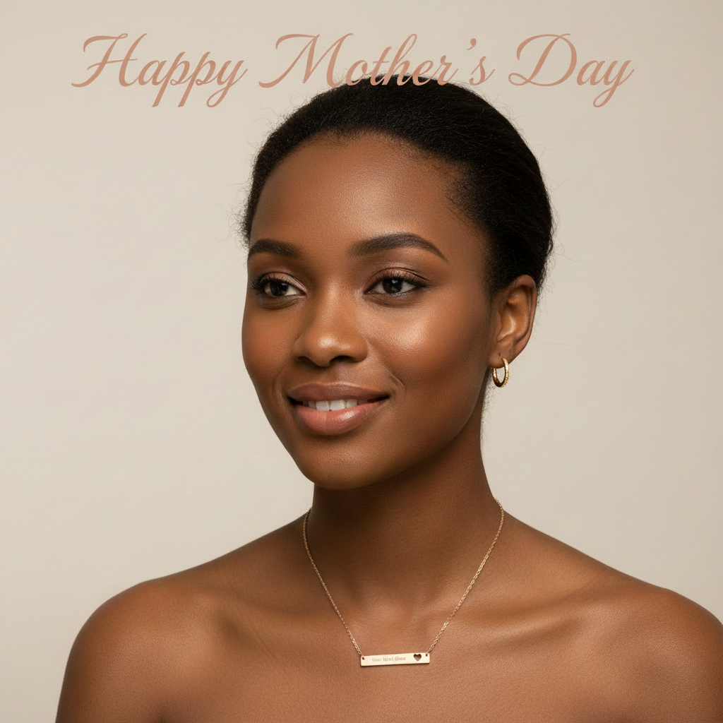 Woman wearing a necklace with 'Happy Mother's Day' text above her head on a beige background