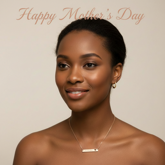 Woman wearing a necklace with 'Happy Mother's Day' text above her head on a beige background