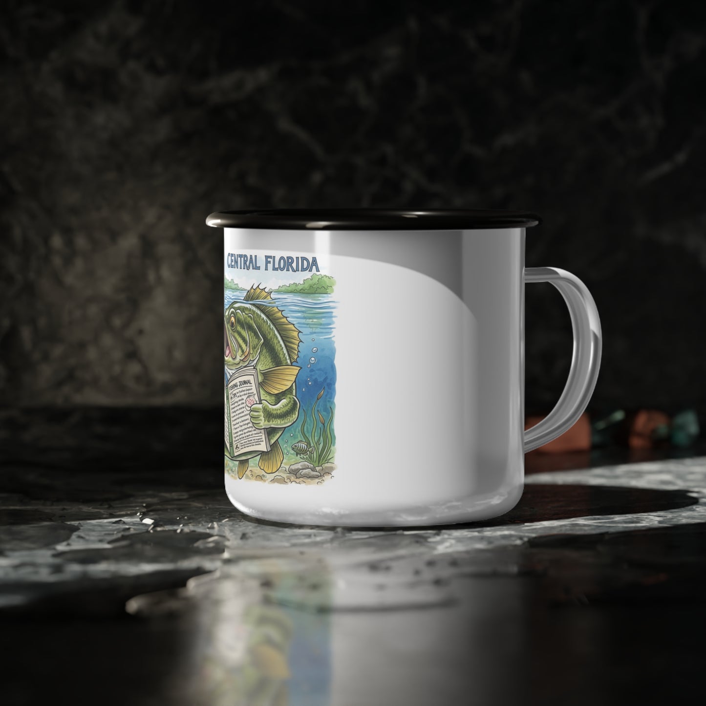 White mug with a fish illustration and 'Central Florida' text on a dark background