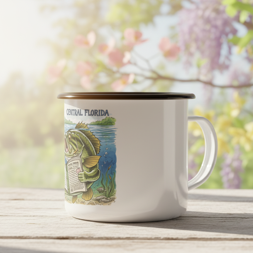 White mug with Central Florida  fishing theme design on a wooden surface with a blurred floral background