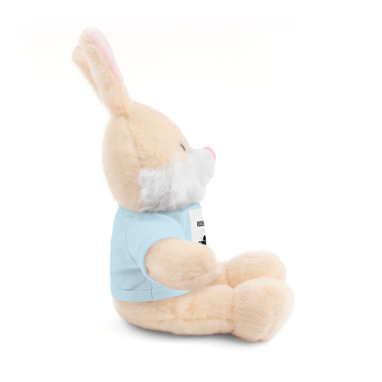 Plush toy rabbit wearing a light blue outfit on a white background