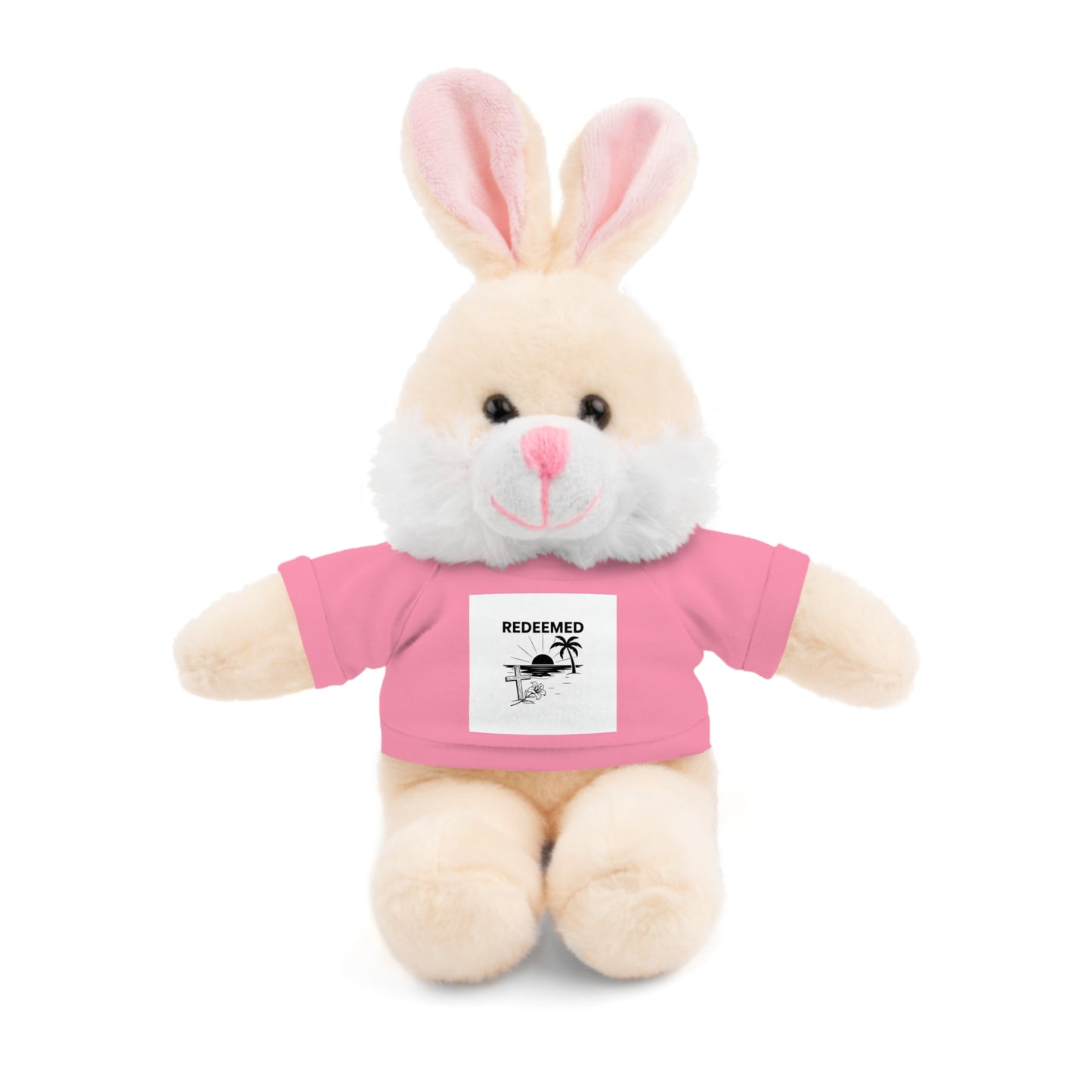 Plush toy rabbit wearing a pink shirt with a label on a white background