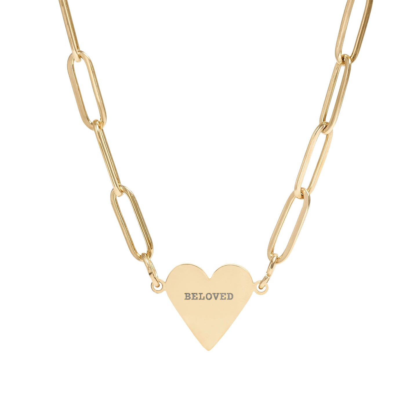 Gold heart-shaped pendant paper clipped necklace with 'Beloved' engraving on a white background