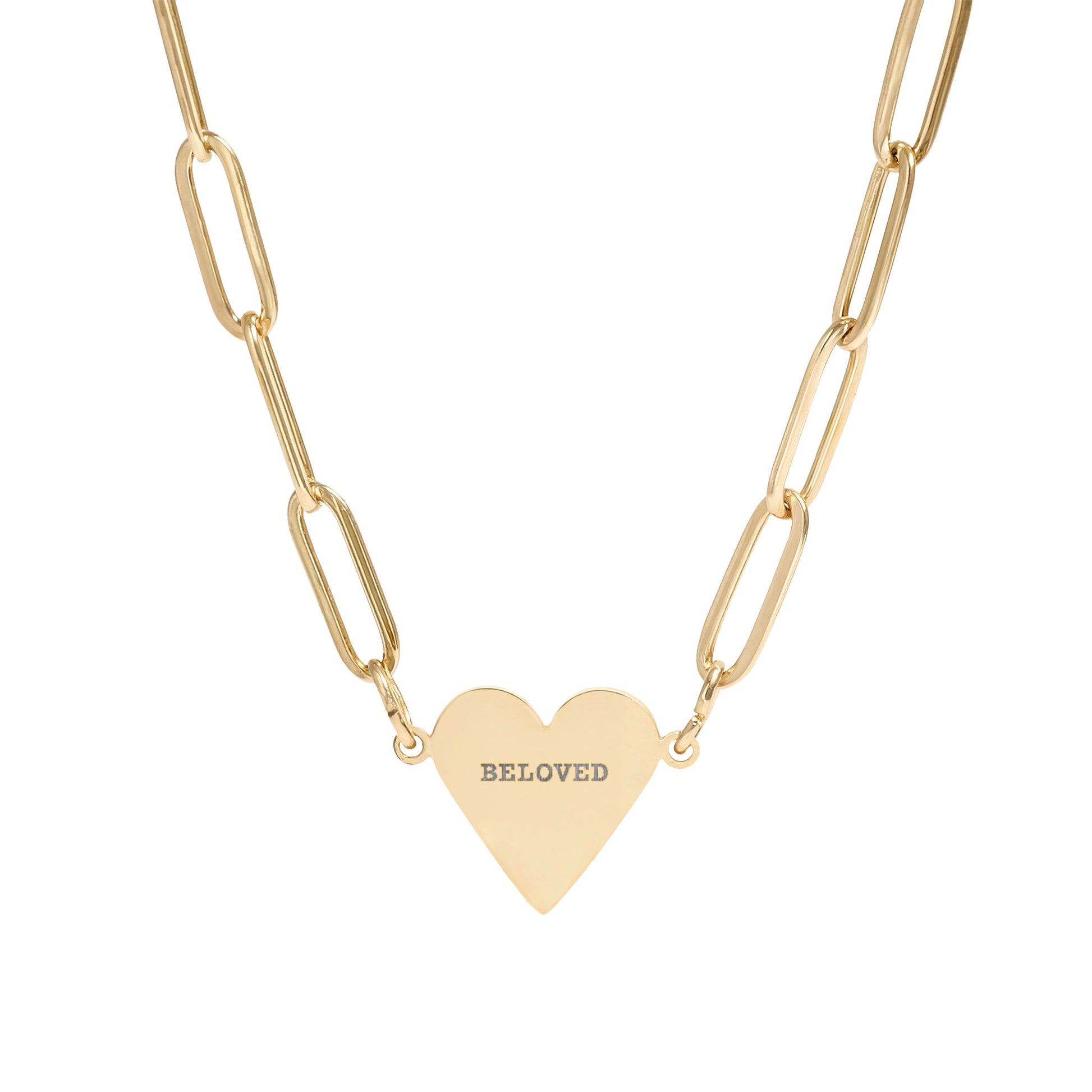 Gold heart-shaped pendant paper clipped necklace with 'Beloved' engraving on a white background