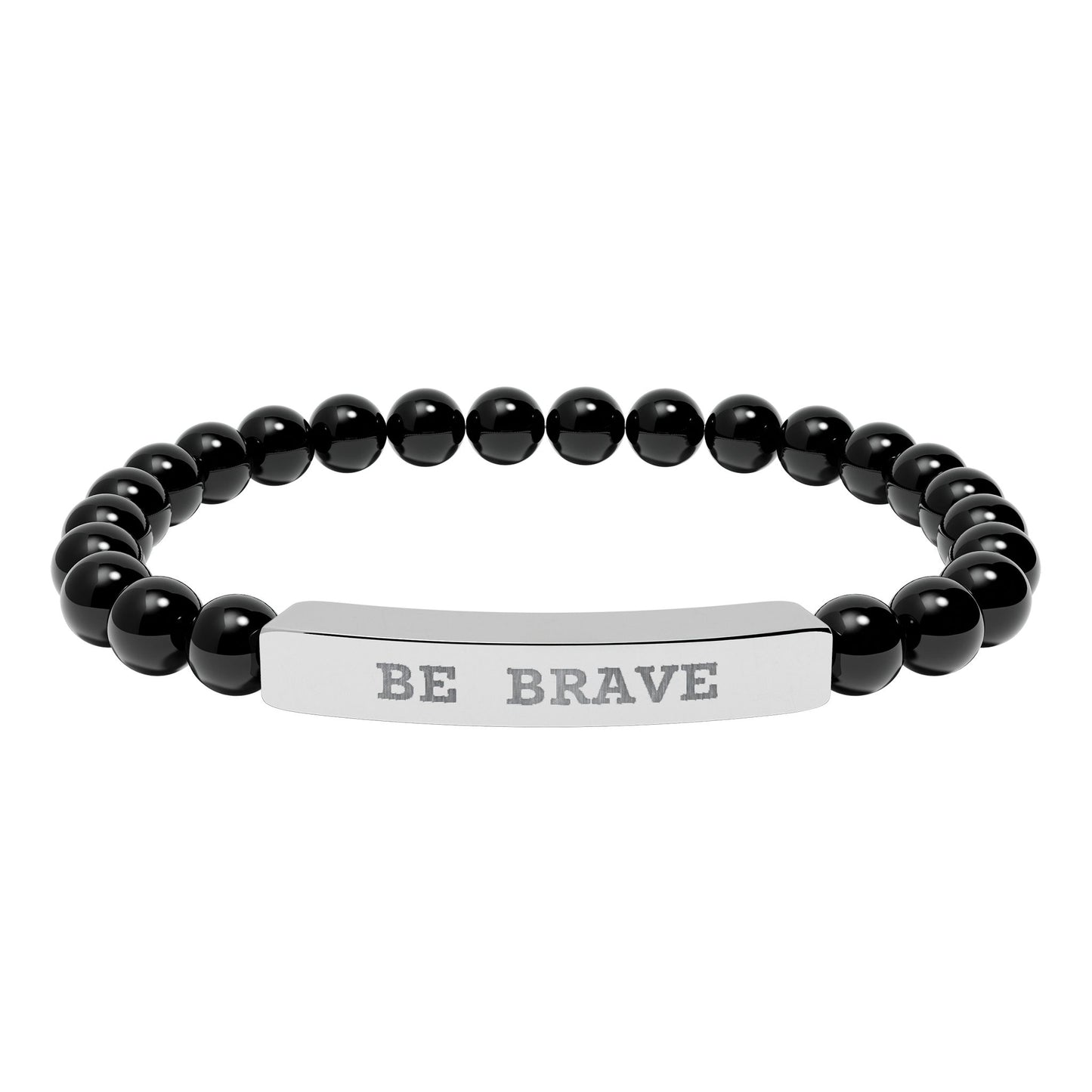 Black natural stone beaded bracelet with 'BE BRAVE' engraved on a white background
