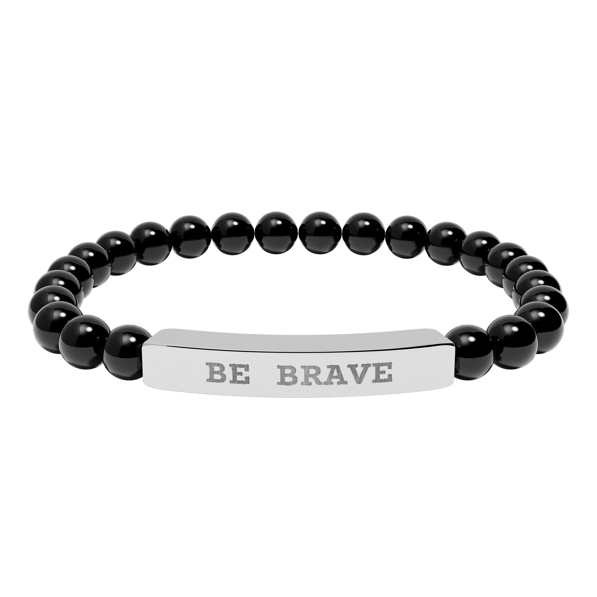 Black natural stone beaded bracelet with 'BE BRAVE' engraved on a white background