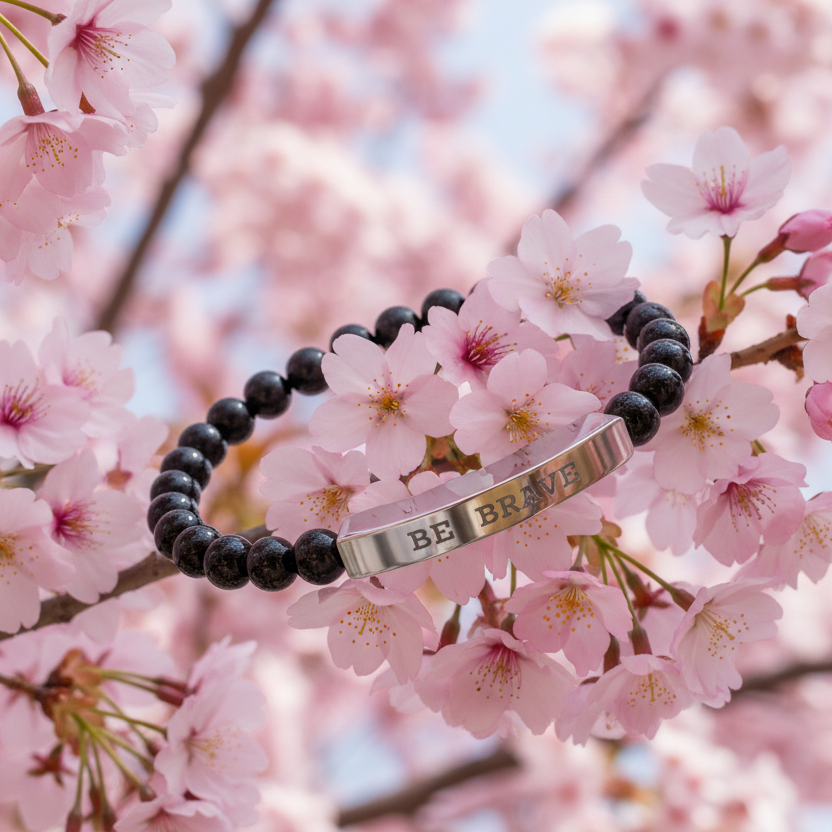 Bracelet with 'BE BRAVE' message on pink cherry blossoms