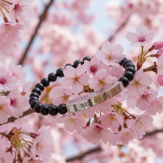 Bracelet with 'BE BRAVE' message on pink cherry blossoms