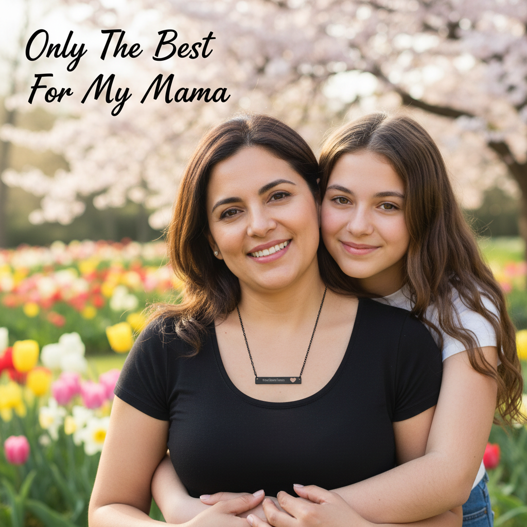 Woman and young girl embracing with flowers and cherry blossoms in the background