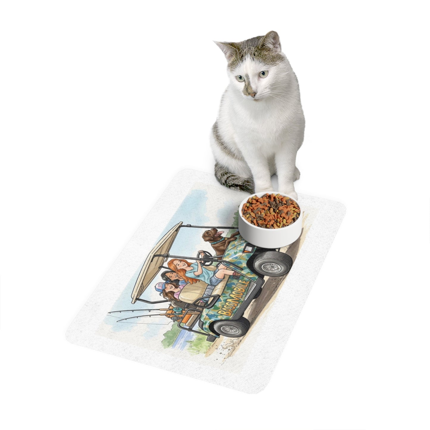 Cat sitting on a dog food mat with a bowl of cat food in front of it