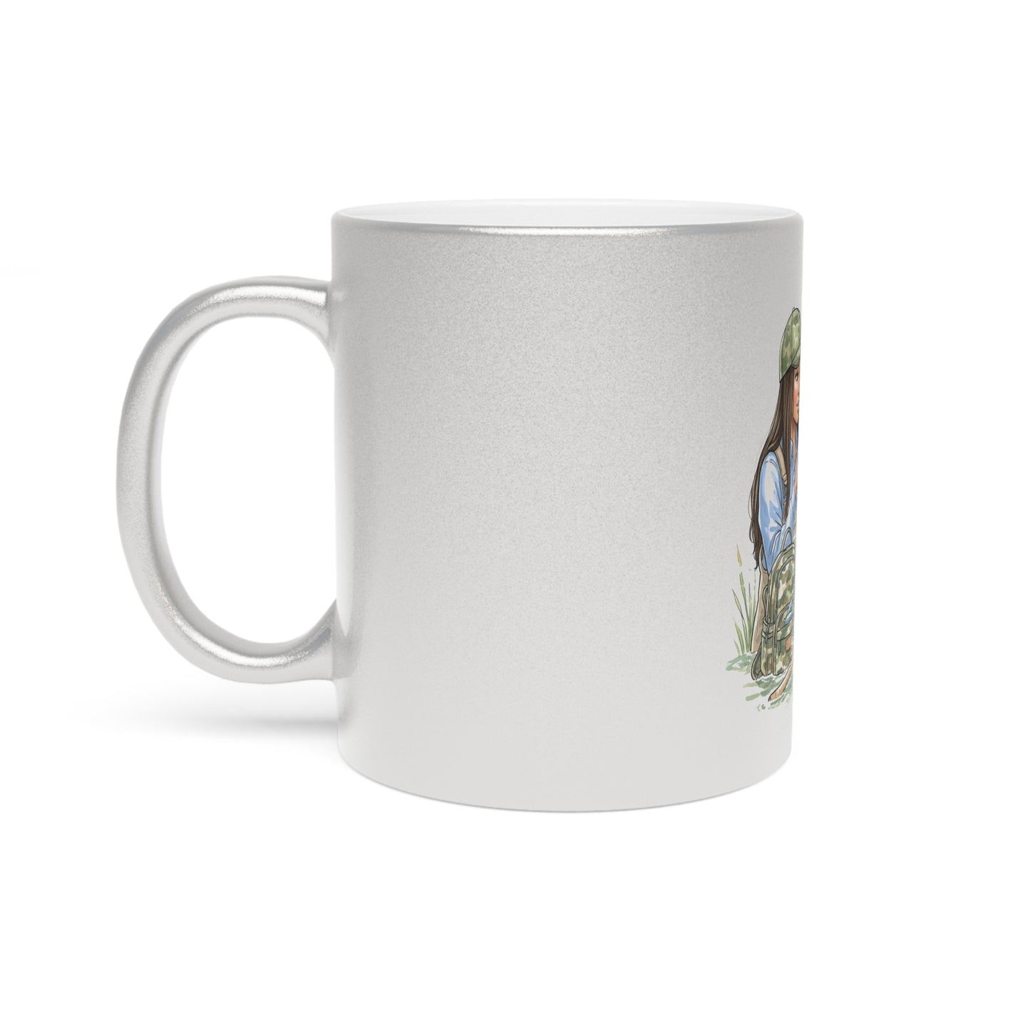 Silver mug with a horse design on a white background