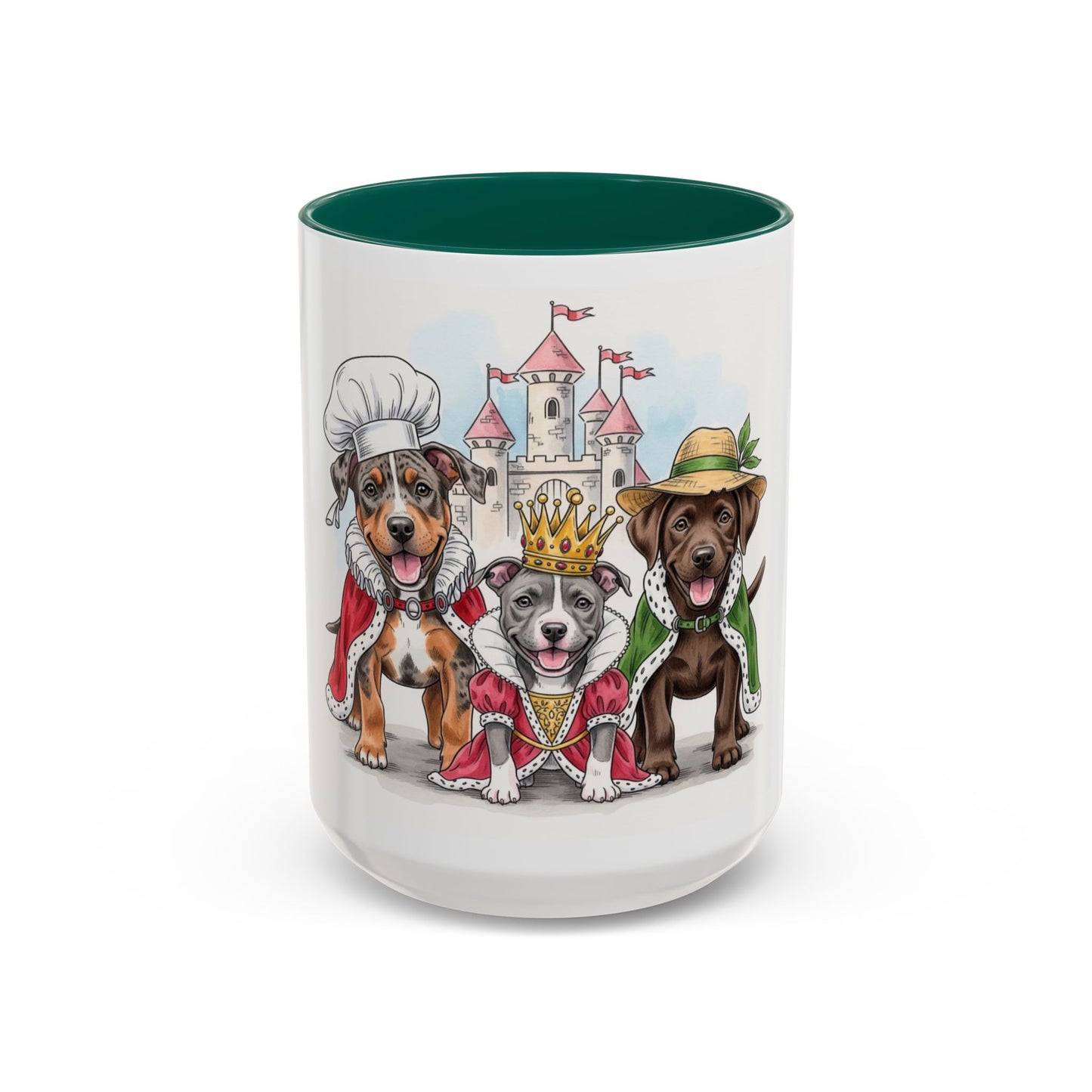 Mug with illustrations of dogs in costumes and a castle on a white background
