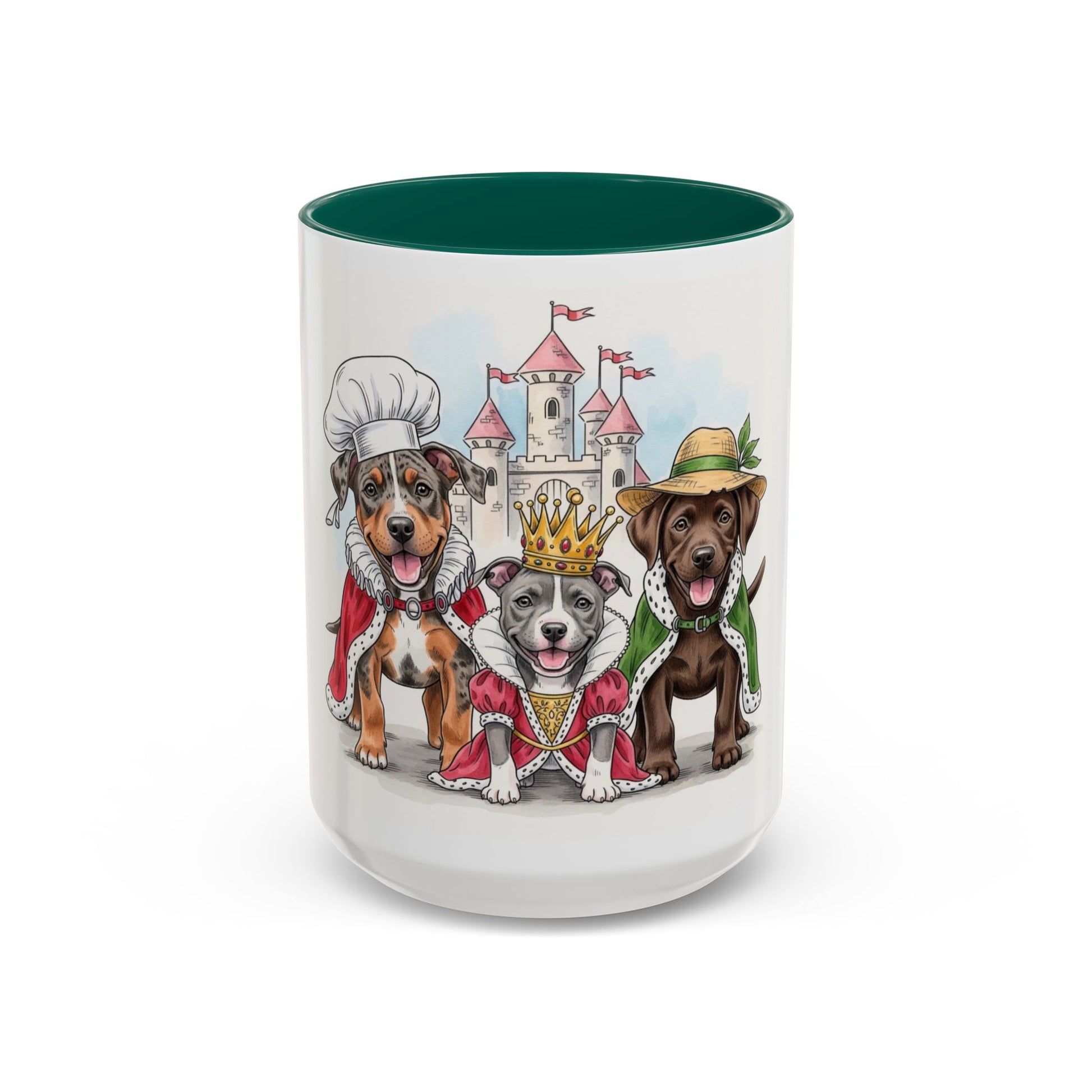 Mug with illustrations of dogs in costumes and a castle on a white background