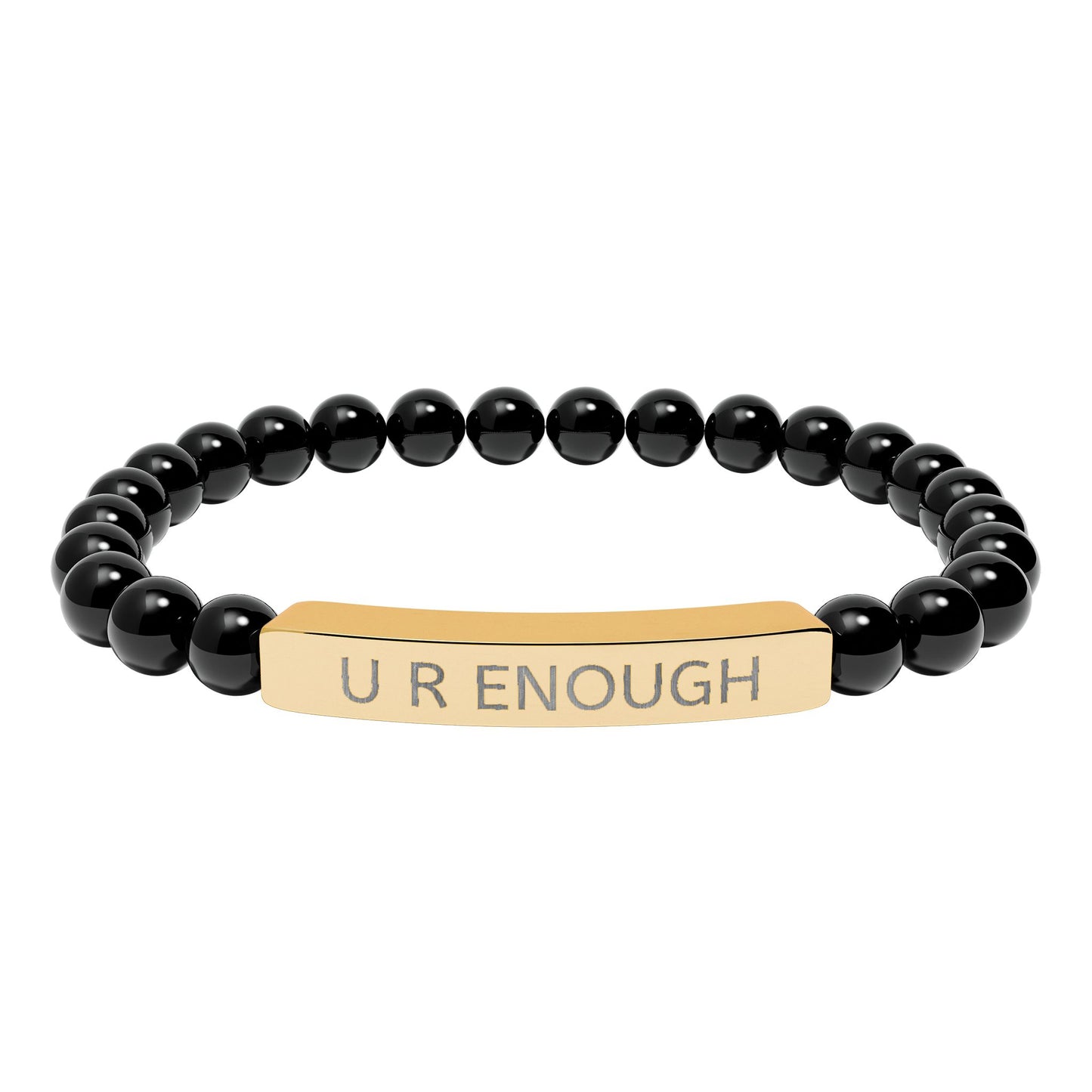 Black natural stone beaded bracelet with a gold tag reading 'U R ENOUGH' on a white background