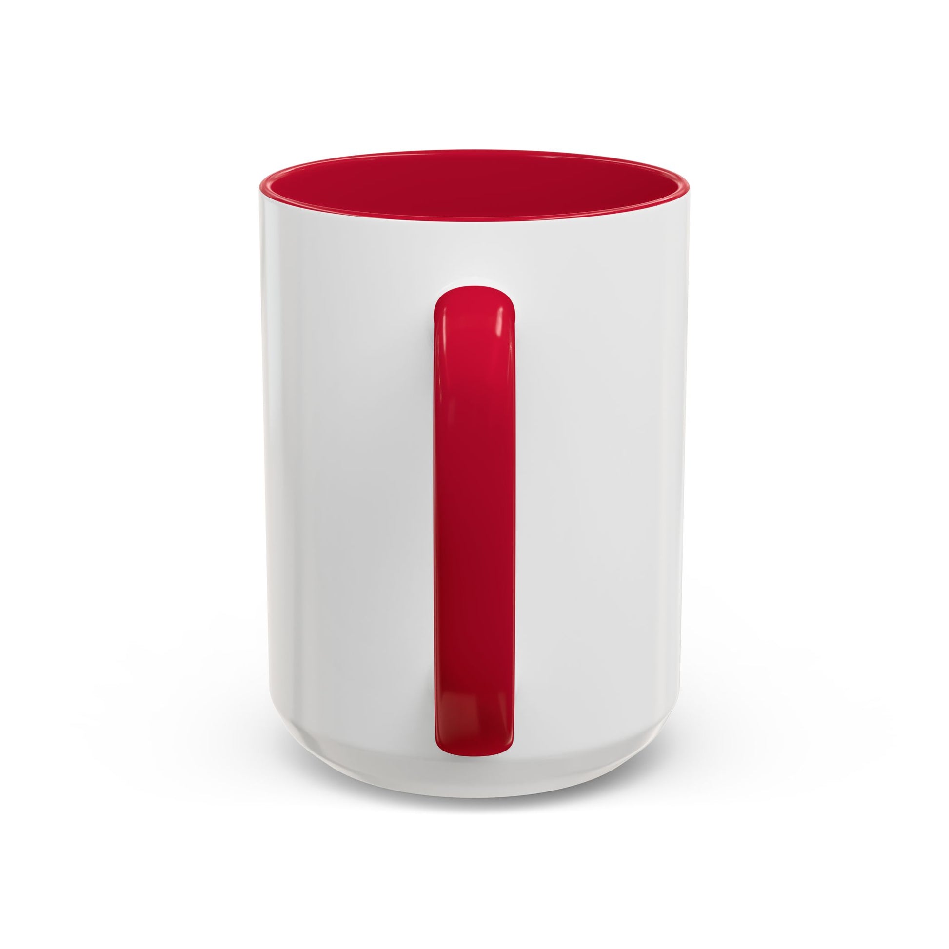 White mug with red interior and handle featuring a dog illustration on a white background