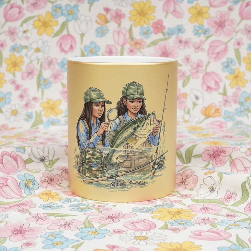 Ceramic mug with illustration of two women fishing on a floral background