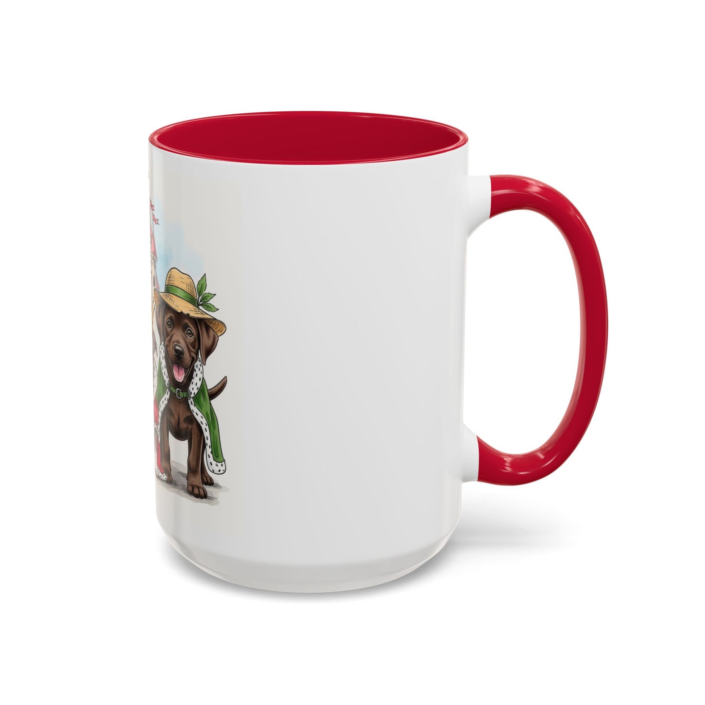White mug with red interior and handle featuring a dog illustration on a white background