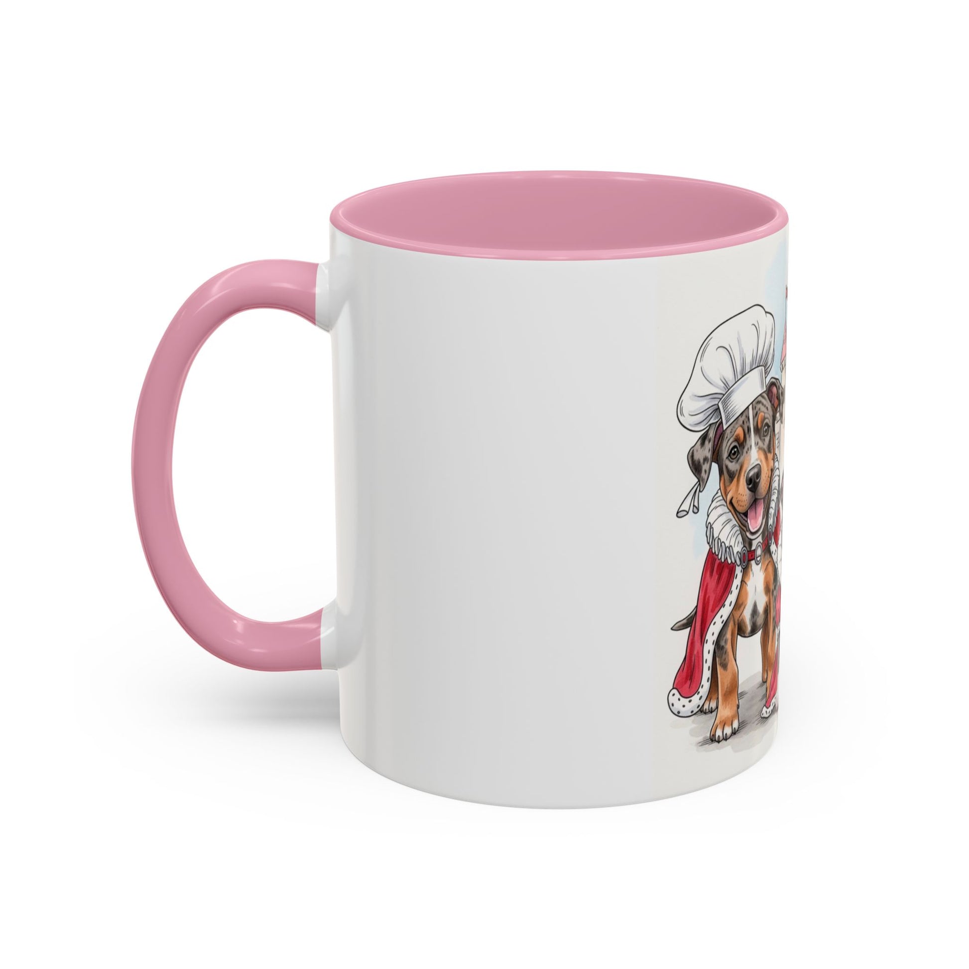 White mug with pink handle and interior, featuring a dog illustration on a white background