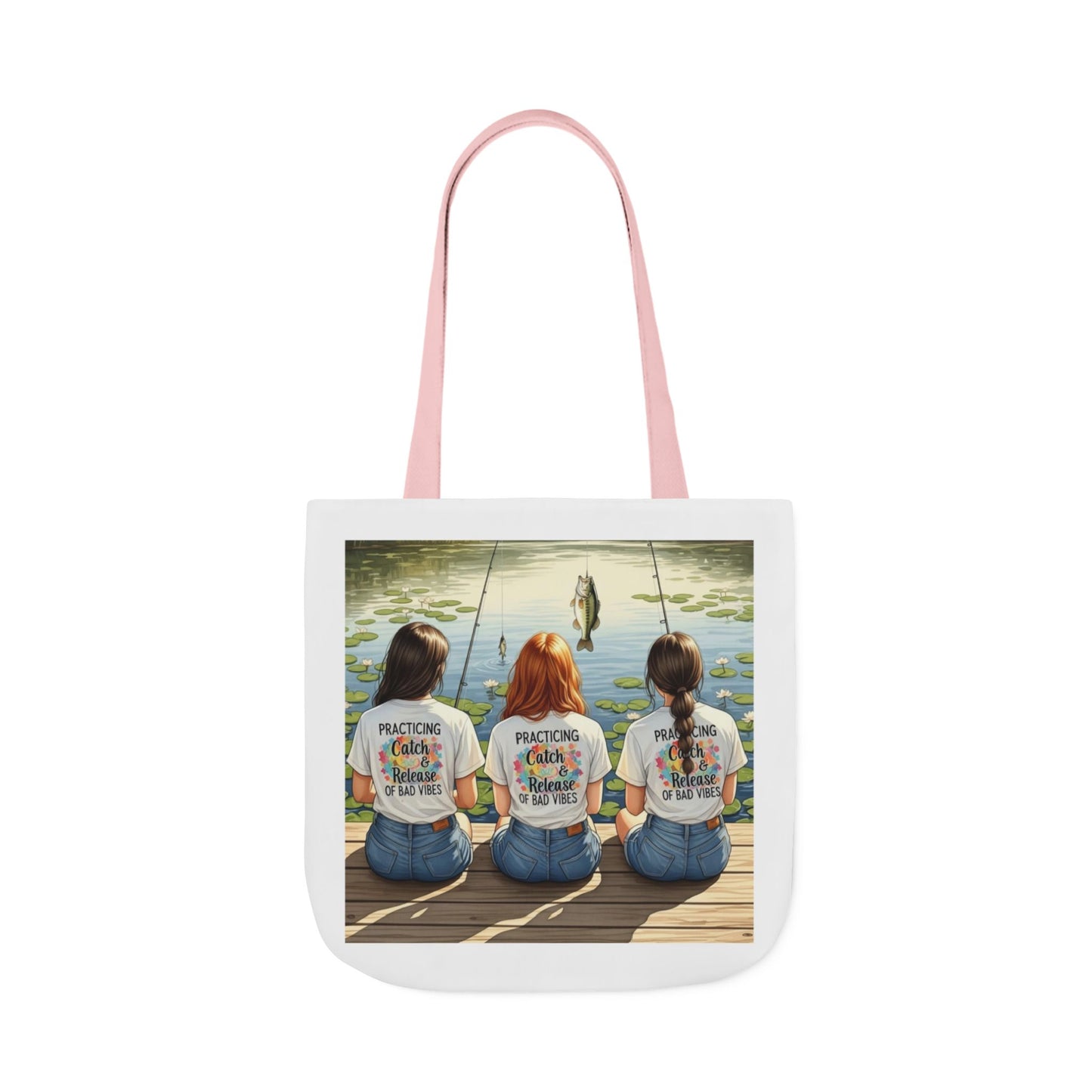 Tote bag with a printed design of three women fishing on a dock.