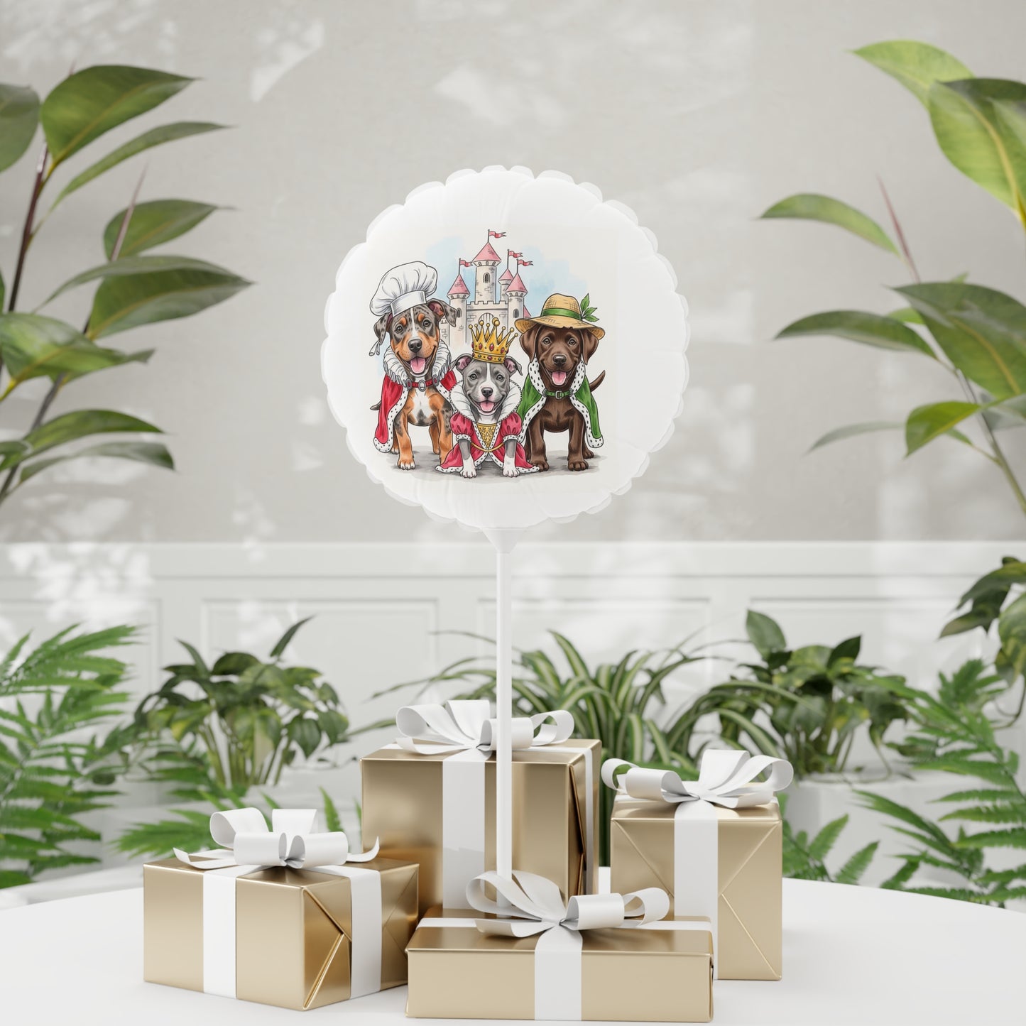 Decorative balloon with cartoon dogs on a stand, surrounded by gift boxes and plants.
