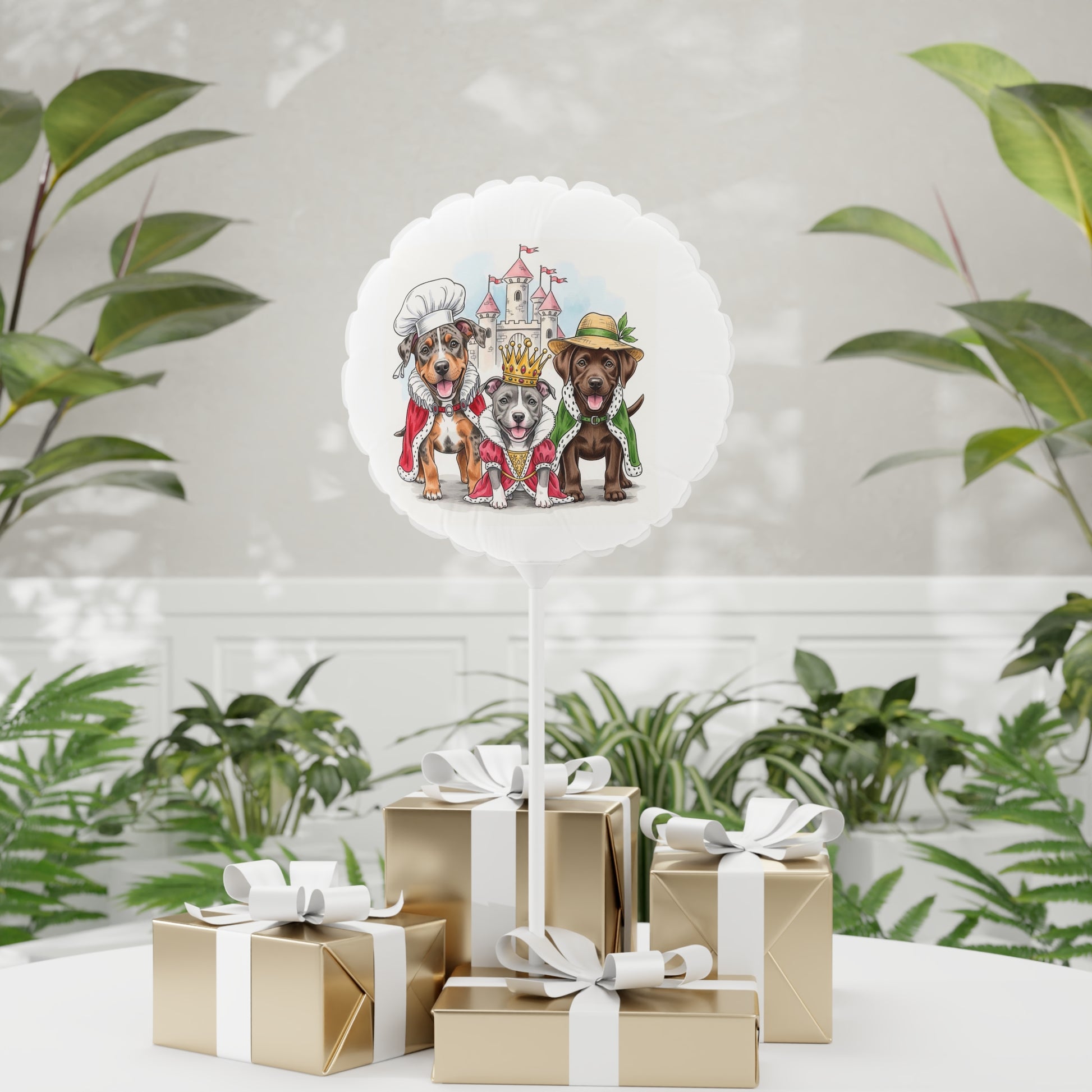 Decorative balloon with cartoon dogs on a stand, surrounded by gift boxes and plants.