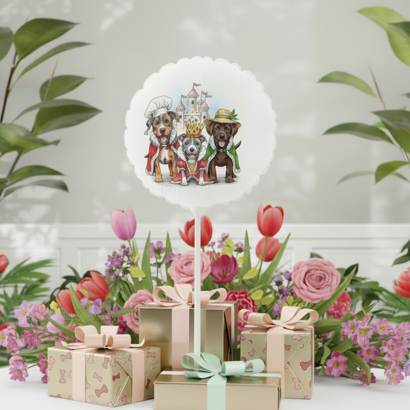 Decorative table centerpiece  with cartoon dogs and flowers on a stand with gift boxes and flowers in the background.