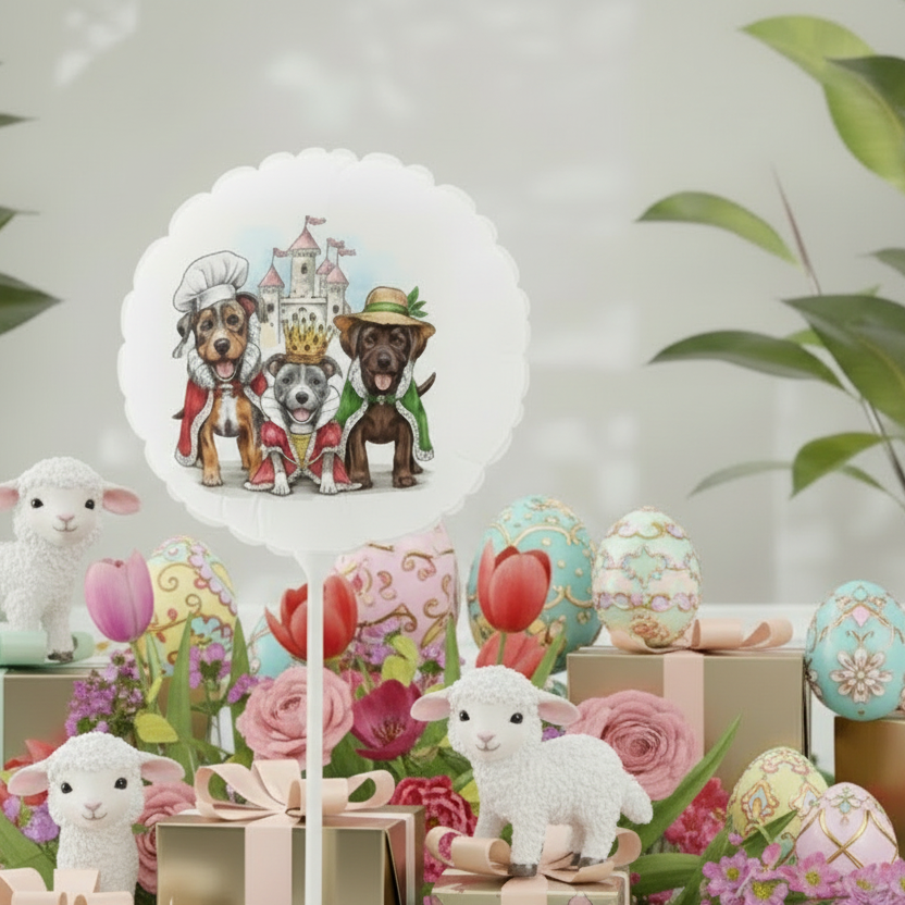 Decorative scene with cartoon dogs, Easter eggs, and lambs on a white background