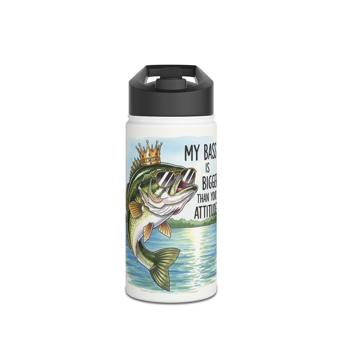 Water bottle with a fish design and text on a white background