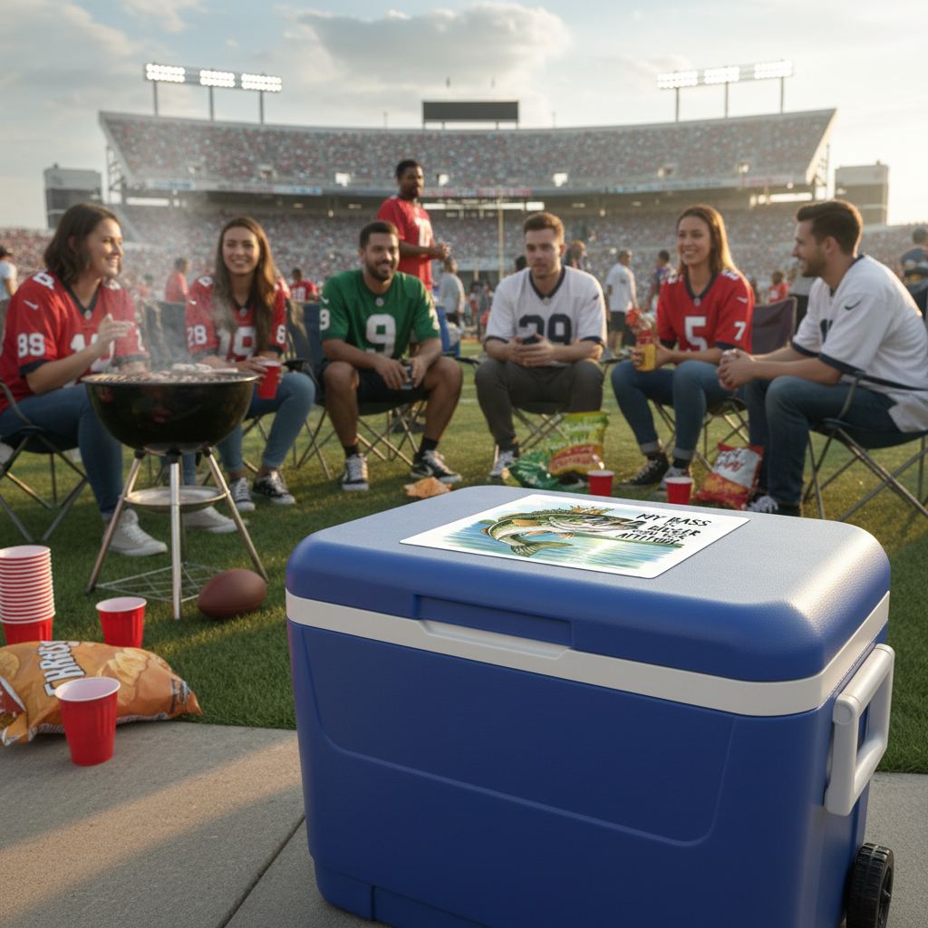 Blue cooler with a kiss cut decal fishing theme design on a tailgating scene with people at a stadium.