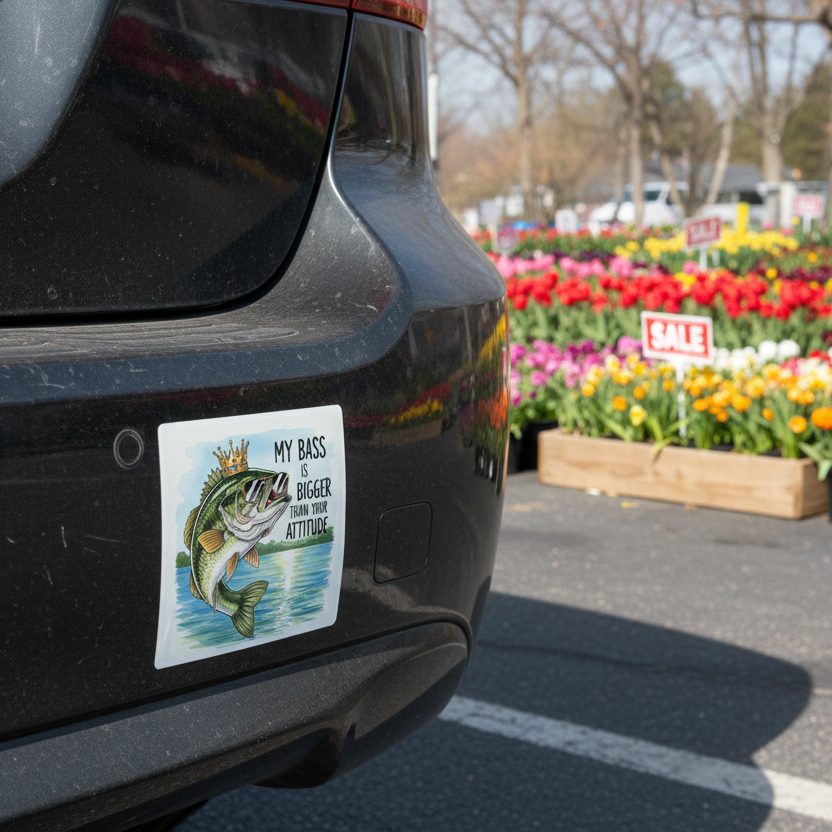 Car with a fishing-themed bumper sticker in a parking lot with flowers in the background
