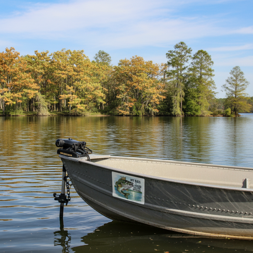 Fishing decal sticker on a fishing boat on a calm lake with trees in the background