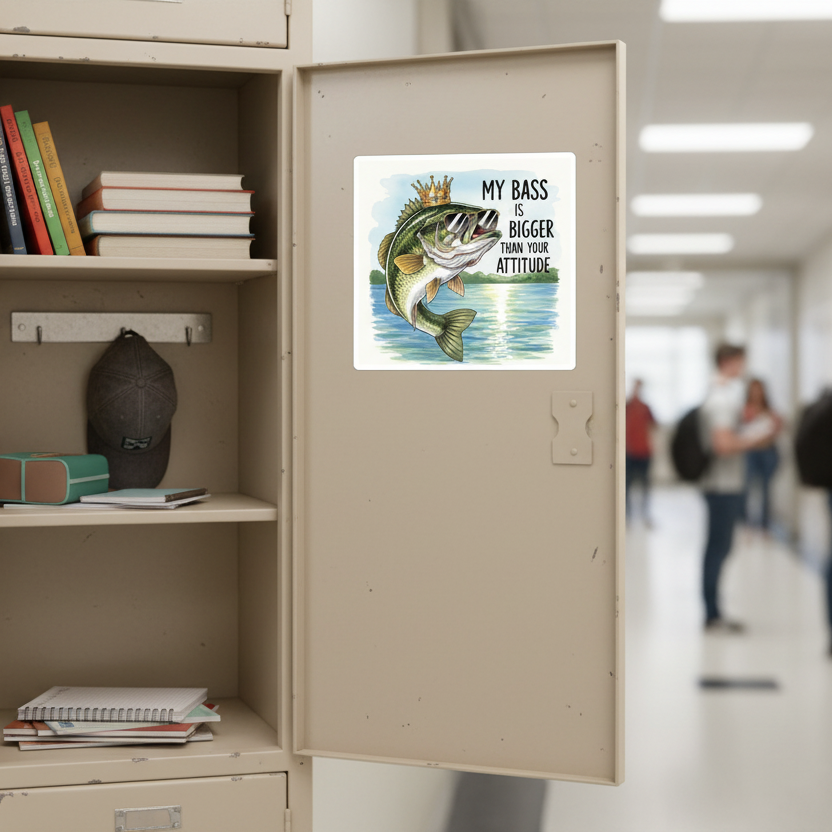 Beige locker with a fishing decal graphic and text on a white background, blurred hallway in the background