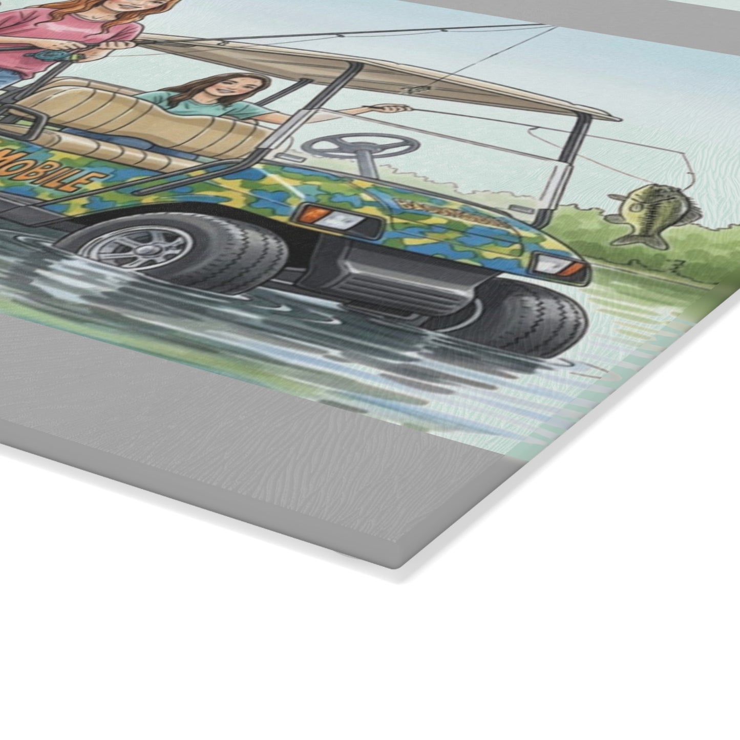 Colorful illustration of a vintage car with a woman driving, surrounded by nature on a glass cutting mat.