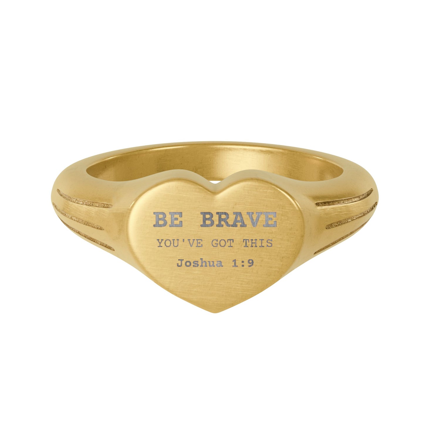 Gold heart-shaped ring with engraved text on a white background