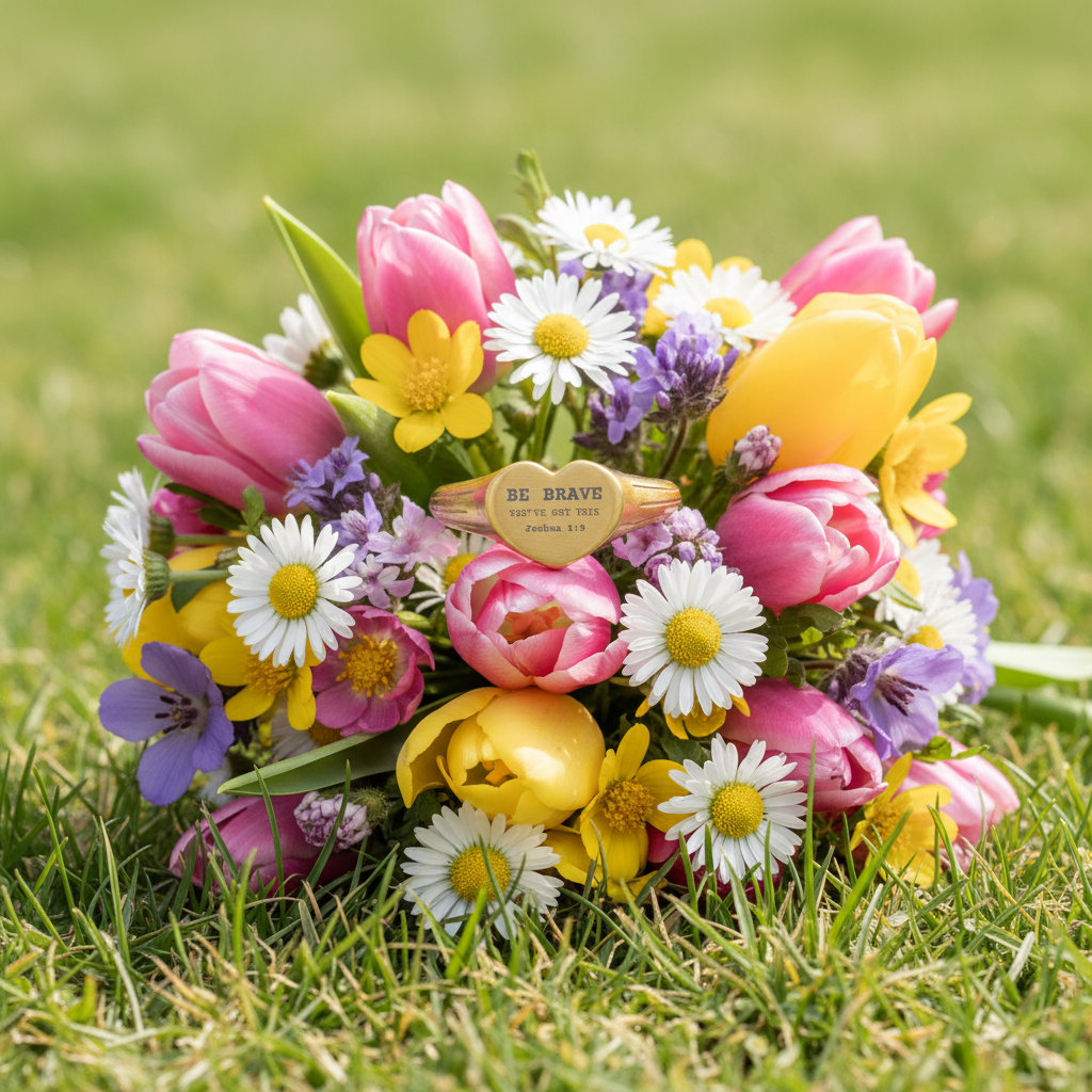 Colorful bouquet of flowers with a 'Be Brave' signet ring on grass