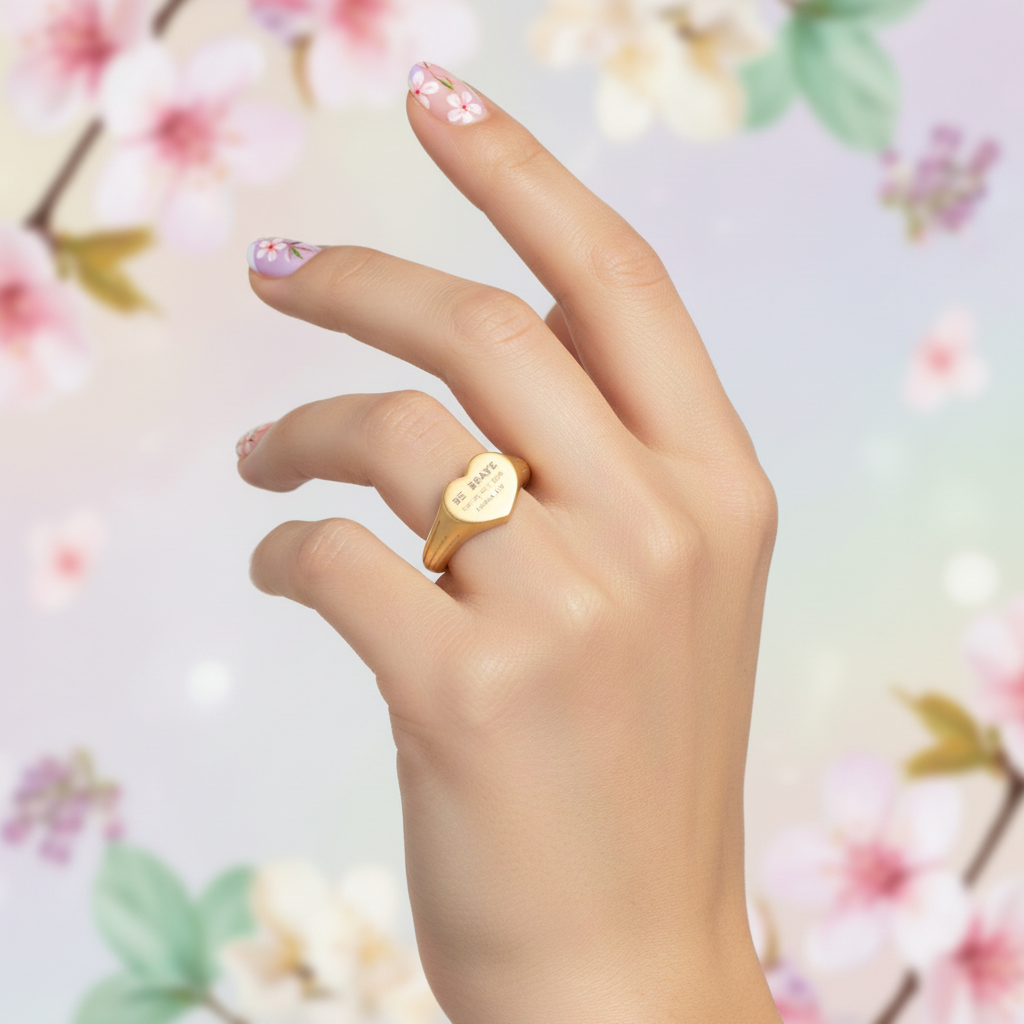 Hand wearing a gold signet ring with a floral background